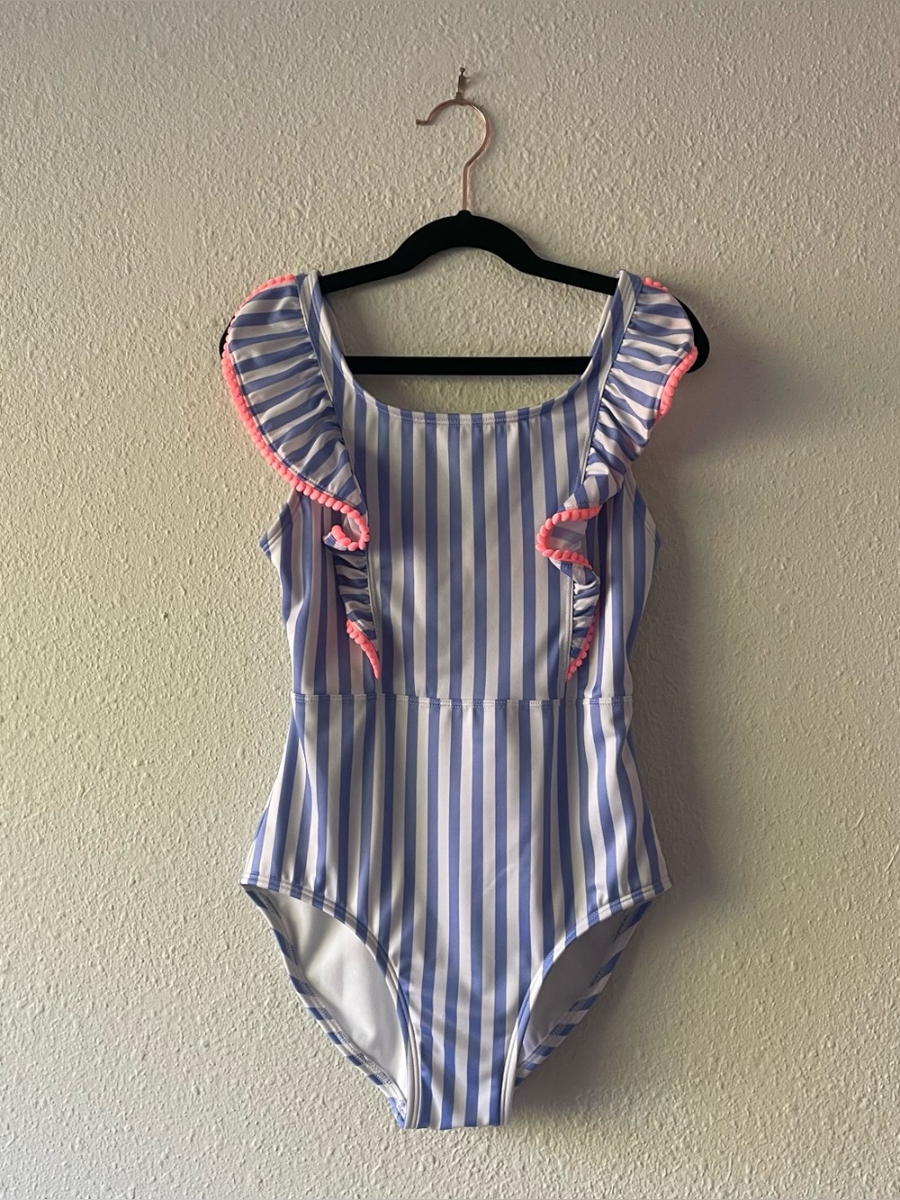 Cat & Jack Girls Blue White Stripe Ruffle One Piece Swimsuit L 10-12 Pom Trim